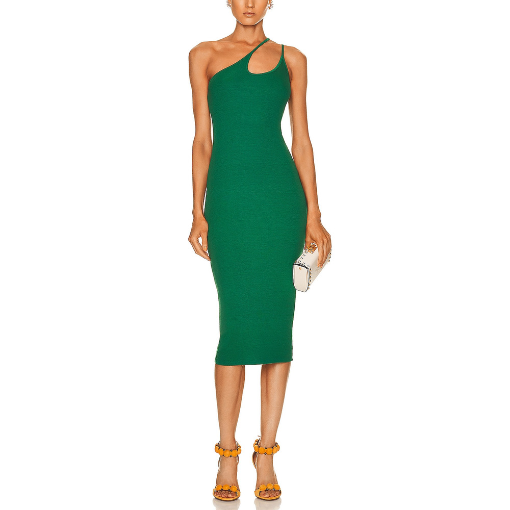 Enza Costa For Fwrd Stretch Green Silk Knit Asymmetrical Strappy Dress Size M
